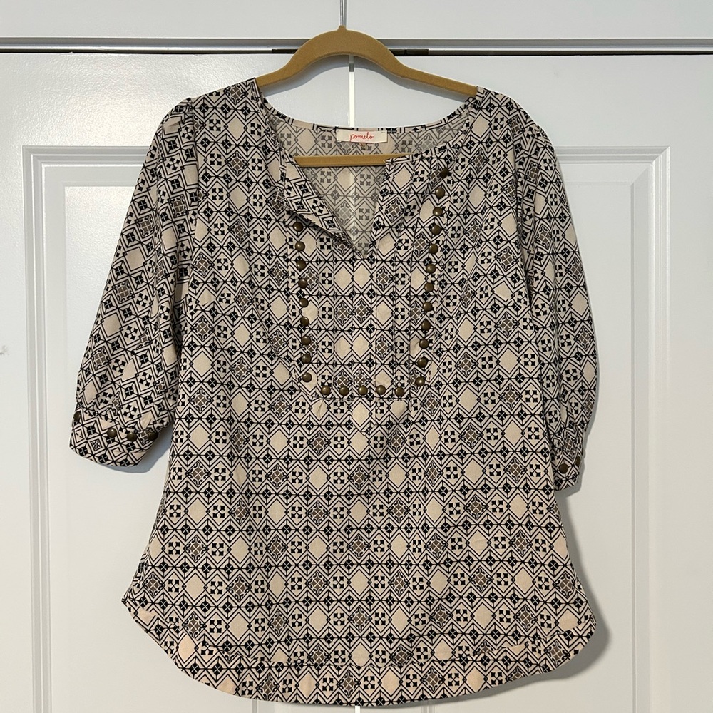 Pomelo Black and White 3/4 Sleeve Mandarin Collar Blouse